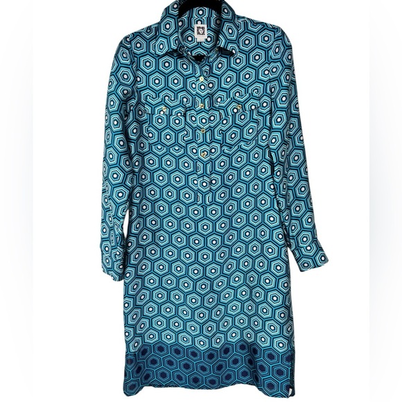 Anne Klein midi dress, S, Blue Geometric Pattern Sheath, gold accent, Groovy - Picture 1 of 10